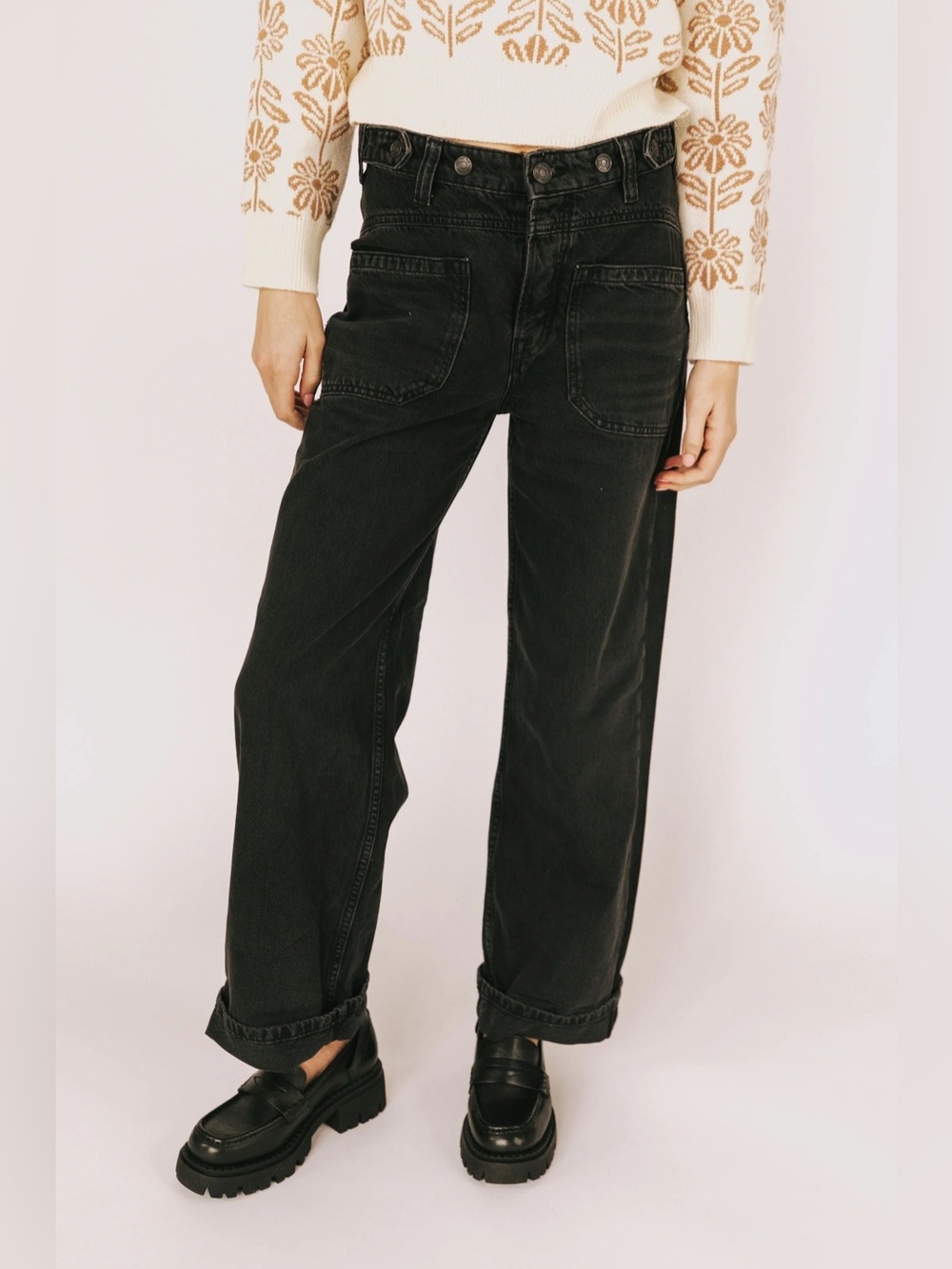 Free People Palmer Cuffed Jeans Bohemian Wide Leg Size 28